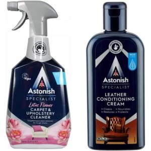 Astonish Specialist Furniture and Carpet Cleaner Bundle – Includes Carpet, Chair and Upholstery Deep Cleaning Fabric Spray (750ml) & Leather Conditioning Cream for Leather Goods and Furniture (250ml)