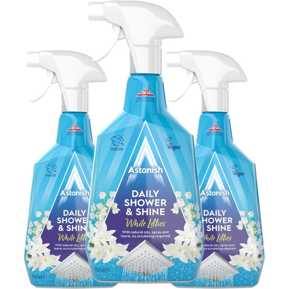 image:imageAstonish Daily Shower Shine White Lilies Cleaning Spray 3 Pack  No Scrub After Shower Spray Foam Prevents Watermarks amp Buildup  CrueltyFree Household Cleaning Products750ml Spray Bottles2536 Fl Oz Pack of 3