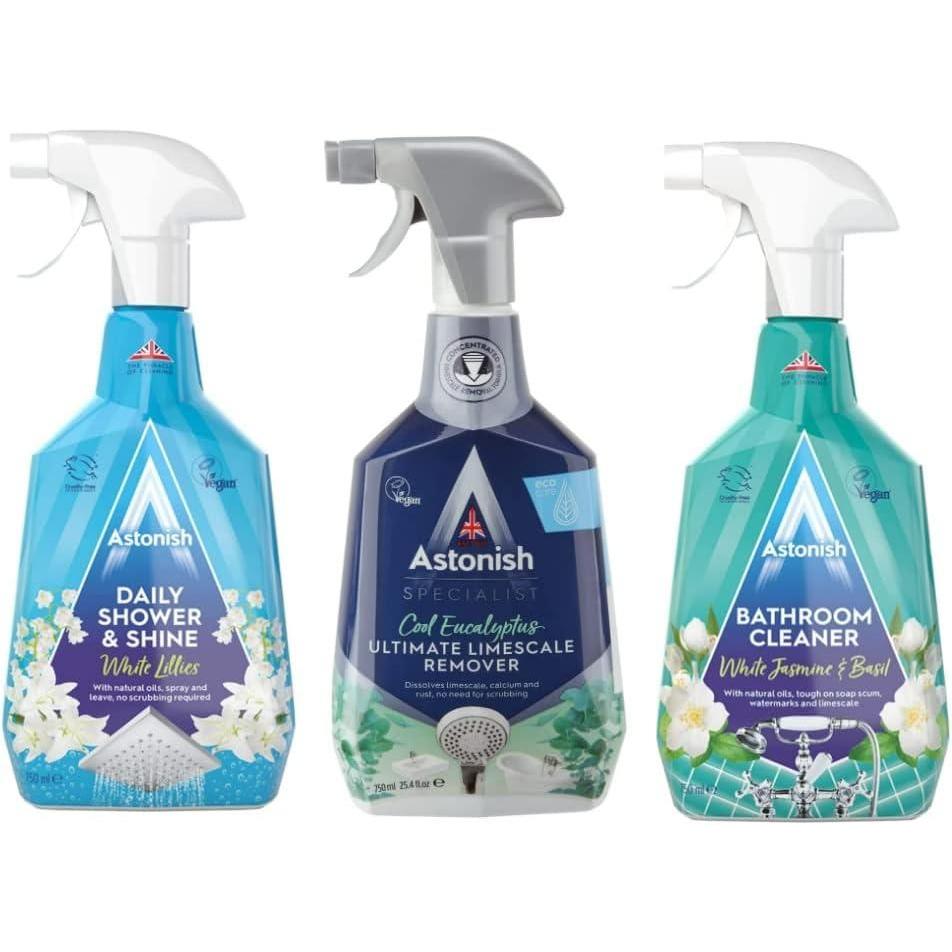 image:imageAstonish Sparkling Bathroom Bundle  Includes Daily Shower Shine Cleaning Spray White Lilies Scent Ultimate Limescale Remover Cool Eucalyptus amp Streak Free Foaming Bathroom Cleaner 750ml each