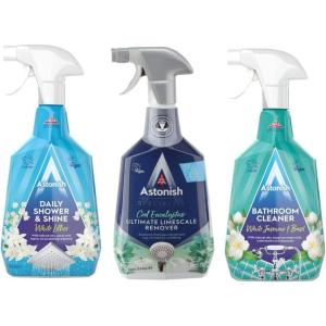 Astonish Sparkling Bathroom Bundle – Includes Daily Shower Shine Cleaning Spray (White Lilies Scent), Ultimate Limescale Remover (Cool Eucalyptus) & Streak Free Foaming Bathroom Cleaner (750ml each)