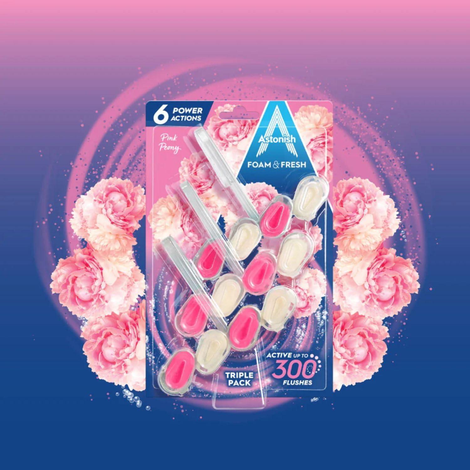 image:imageAstonish Foam amp Fresh Pink Peony Scented Toilet Blocks Powerful Odor Control Cleaning Formula Prevents Hard Water Stain Build Up 2 Blocks Lasting Freshness For Up to 300 Flushes per BlockPink Peony