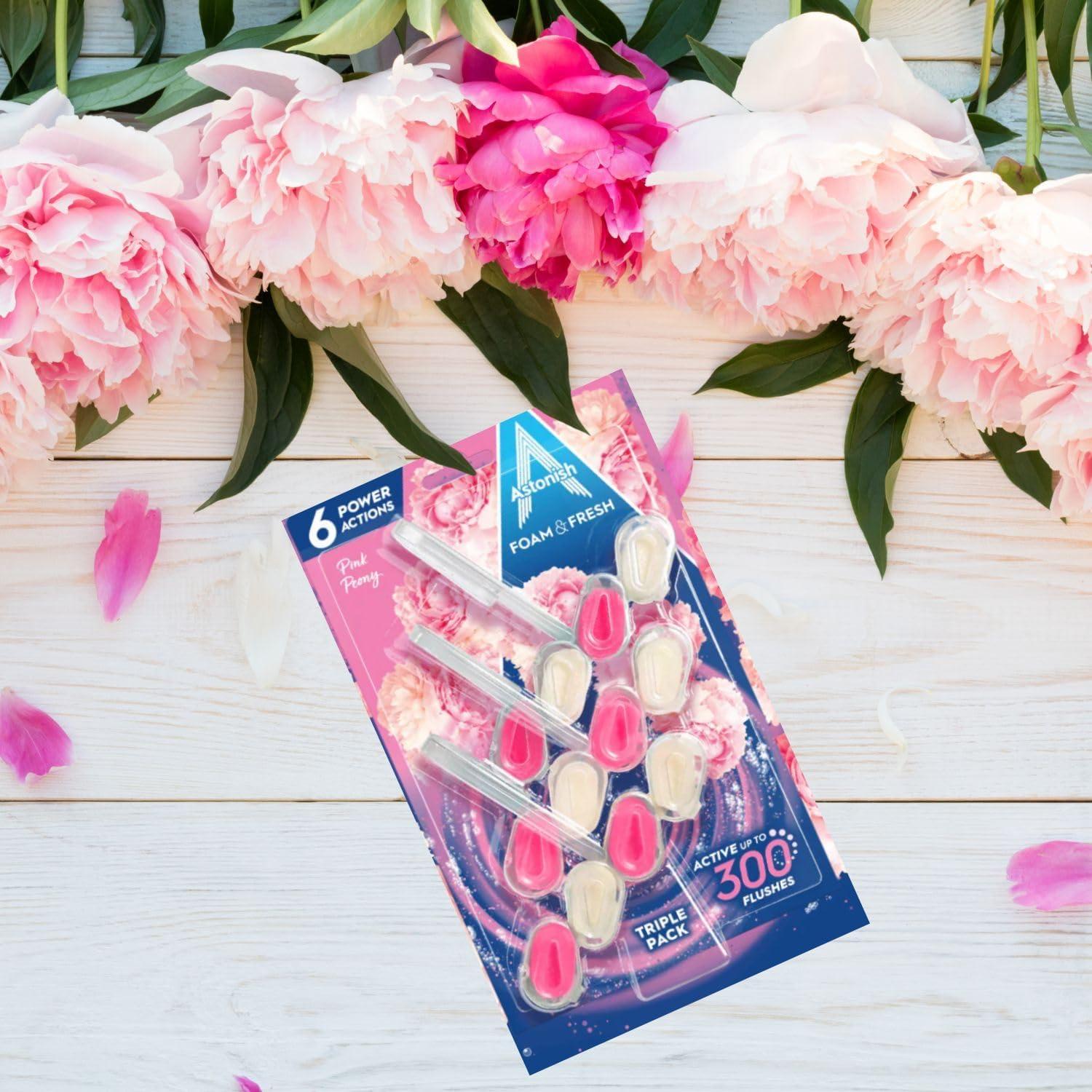 image:imageAstonish Foam amp Fresh Pink Peony Scented Toilet Blocks Powerful Odor Control Cleaning Formula Prevents Hard Water Stain Build Up 2 Blocks Lasting Freshness For Up to 300 Flushes per BlockPink Peony