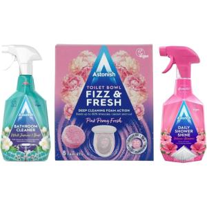 Astonish Bathroom Bundle – Includes White Jasmie & Basil Scented Foaming Cleaner Spray (750ml), Hibiscus Blossom Daily Bathroom Shower Shine (750ml) & Fizz and Fresh Toilet Bowl Tabs (8pk)