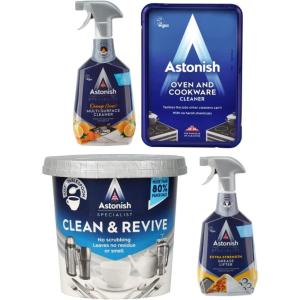 Astonish Specialist Kitchen Essentials Bundles – Includes Multi Surface Cleaner 750ml, Oven & Cookware Cleaning Paste 150g, Clean & Revive Foaming Powder 350g & Extra Strength Grease Lifter 750ml