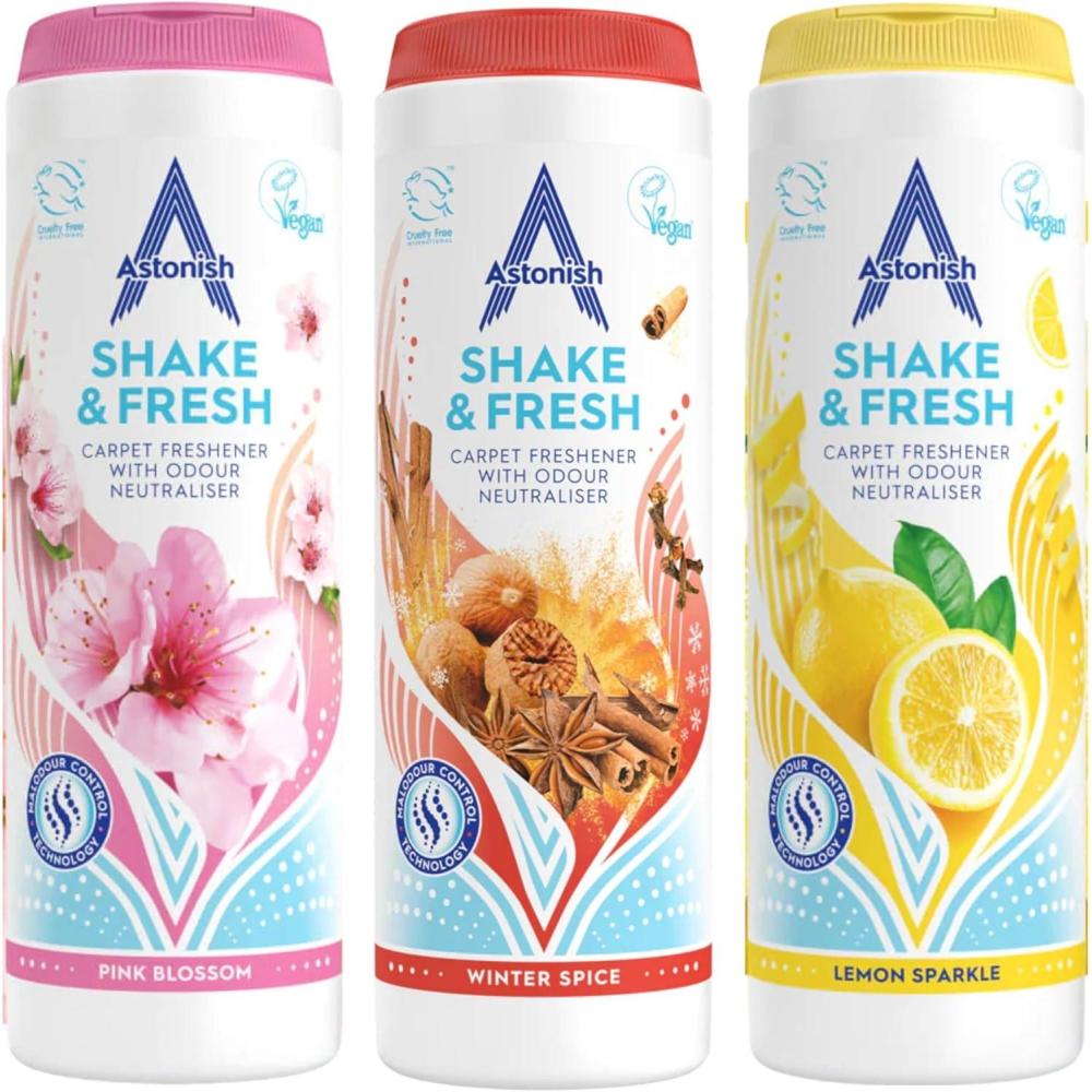 image:imageAstonish 350g Shake Fresh Pink Peony Carpet Odor Eliminator Powder  Pet Smell Neutralizer Vacuum Safe for a Long Lasting Room Scent Floor Refresher Home Deodorizer Soft Floral FragranceShake  Fresh Trio